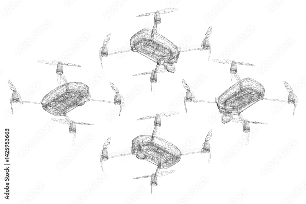 Poster a drawing of four drones in a row. the drones are all the same color and have the same design. conce