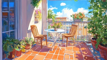Fototapeta premium Balcony Bliss Sunny Table with Flowers