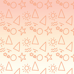 Seamless summer pattern with suns, waves, stars, flowers, triangle, mountain, and geometric shapes in warm tones. Great for seasonal graphics, kids’ content, wallpapers, or textiles