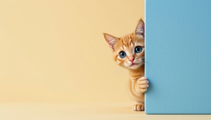 Obraz premium Cute orange tabby kitten with blue eyes peeking out from behind a pastel blue board on a yellow background showcasing innocence curiosity and playful behavior in a bright cheerful setting