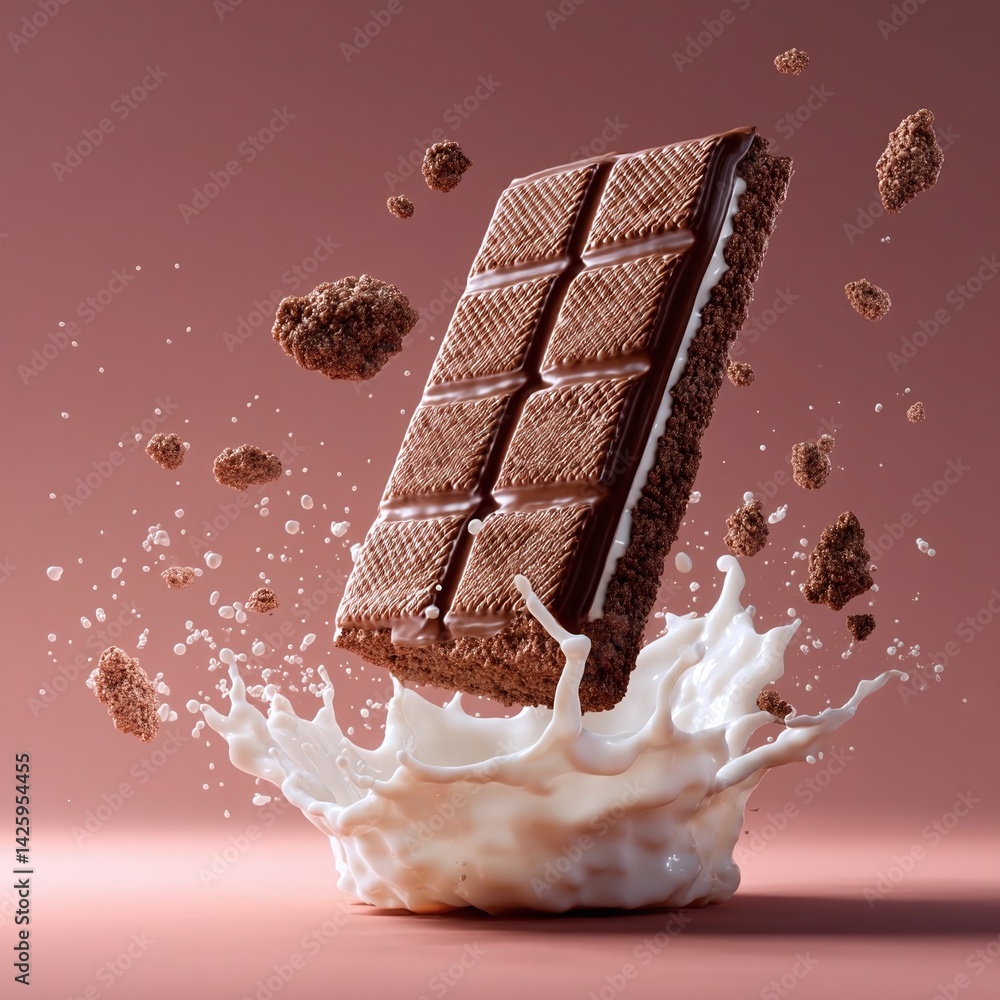 Poster chocolate wafer bar splashing into milk, creating dynamic motion with crumbs in a minimalistic backg