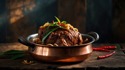 Savory homemade mutton roast spiced to perfection against a rustic wooden backdrop, with selective focus photography