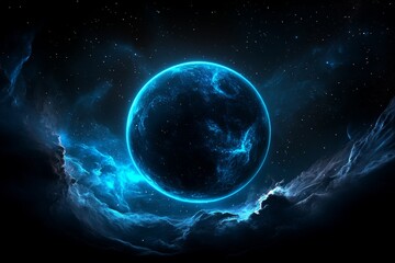 Blue moon in space with stars, blue nebula cloud background, space galaxy background