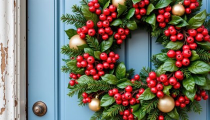 Festive Christmas wreath with red berries gold ornaments and green pine leaves hanging on a light blue wooden door for holiday decorations and seasonal celebrations