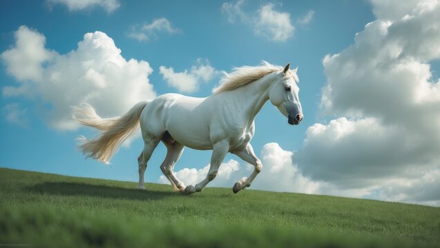 Cremello stallion grazing on grass