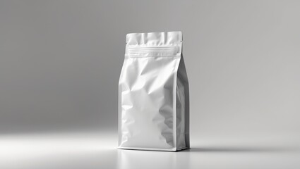 Mockup of a coffee bag isolated on background, front view, adaptable for tea, biscuits, milk packs, snack packages, juice containers, and foil food bags.