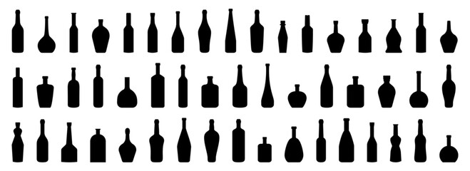 Set of alcohol bottle silhouette icon. Black alcohol bottle collection