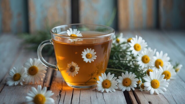 Chamomile flower herbal tea served on a table