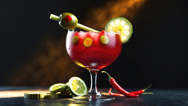 Ice-cold bloody mary mix featuring hot pepper, olive, and celery against a black backdrop