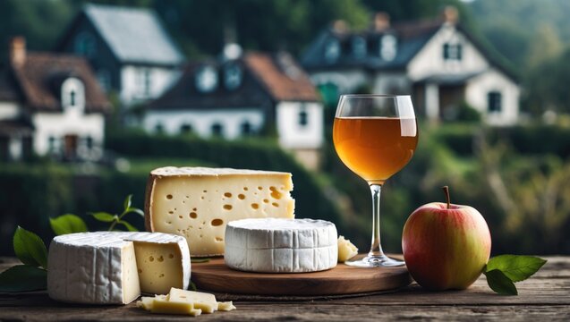 Traditional French cow cheeses like Camembert, Livarot, Neufch&Atilde;&cent;tel, and Pont l'&Atilde;&permil;v&Atilde;&ordf;que paired with a glass of sparkling apple cider amidst Norman houses