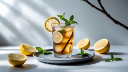 Fototapeta premium Chilled iced tea with lemon, mint, and ice cubes on a light background featuring shadow and branch for a refreshing summer beverage