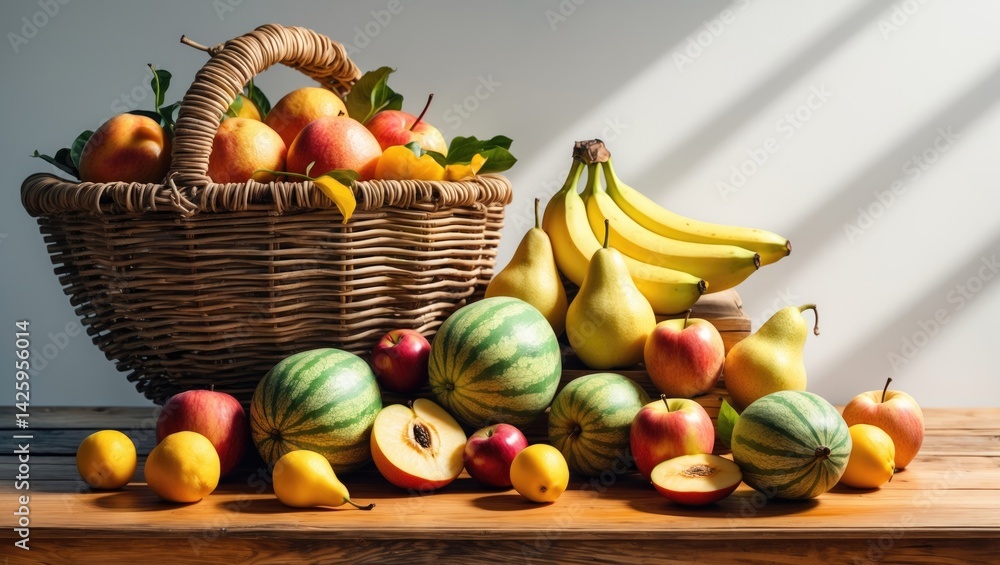 Poster basket of mixed fruits on table with blank area for copy
