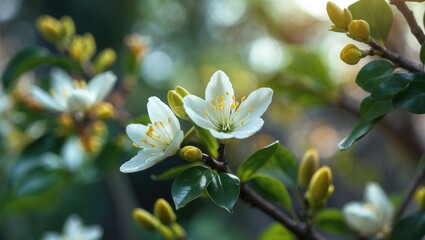 Citrus aurantium or Bitter Orange with white flowers against a blurred background, close-up view