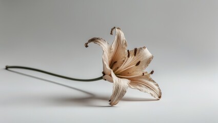 Fototapeta premium Dried Lily Flower Macro on White Background for Minimal Floral Card