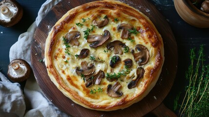 Overhead shot of freshly baked pizza with mushrooms