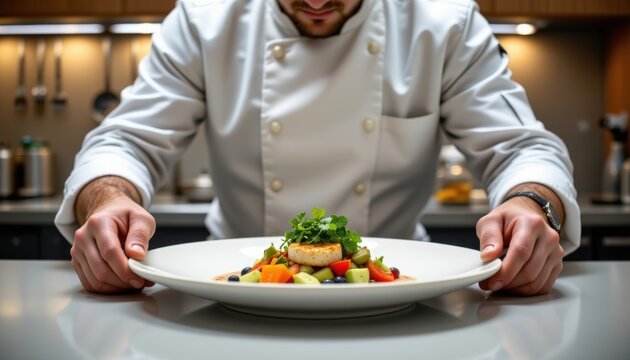 Professional chef in white uniform plating colorful gourmet dish in a modern kitchen with warm ambient lighting and stainless steel appliances for fine dining presentation