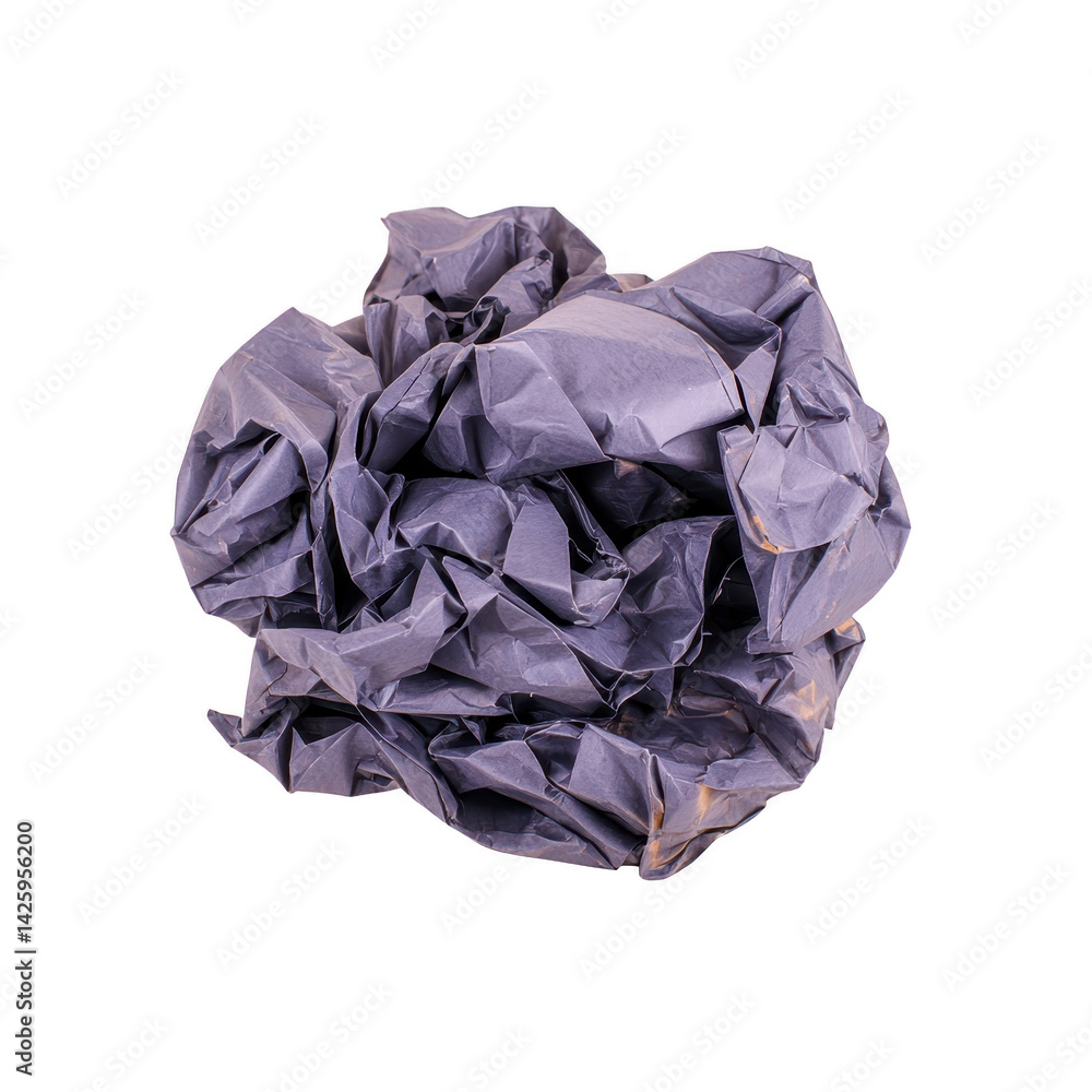 Poster crumpled piece of purple paper isolated on transparency background, showcasing texture and form. pap