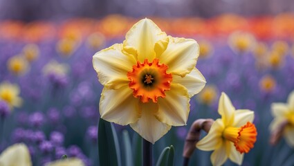 Close-up of a yellow and orange daffodil amidst a field of flowers © AImmersive Imagery