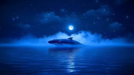 Whale pair, moonlit ocean, night sky, dreamy scene