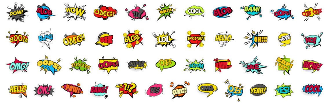 Comics speech bubble collection with halftone. Set of cartoon comics bubble elements
