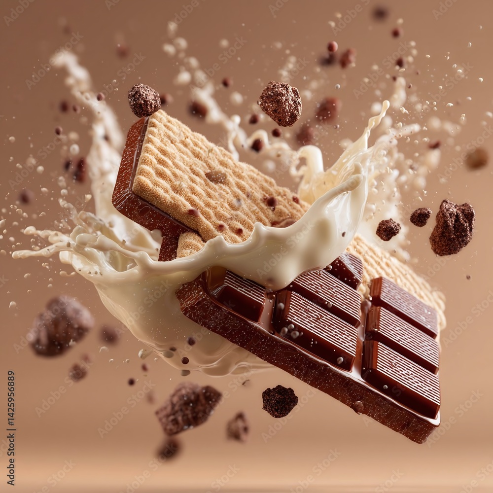 Poster dynamic splash of milk with chocolate bar and cookies in mid-air, creating a playful dessert scene