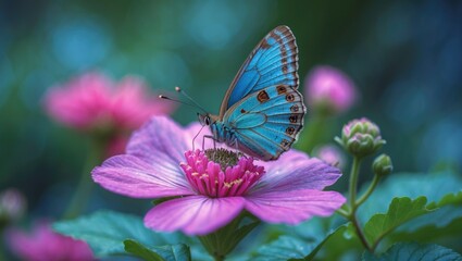 Close-up of Common Blue butterfly on colorful Mallow in a natural garden scene