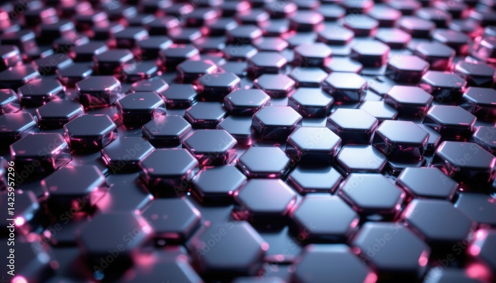 Poster abstract futuristic hexagon pattern with glowing pink highlights on a reflective metallic surface cr