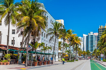 A view towards the north end of Ocean Drive on a bright sunny morning in South Beach in Miami in...