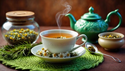 Fototapeta premium Close-up of herbal chamomile tea served in a glass cup on a warm table