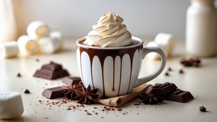 Cup of sweet beverage displayed on white background for drink festivity banner