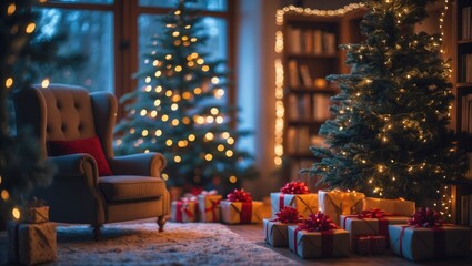 Fototapeta premium Winter holiday background with a decorated Christmas tree and reading corner inside a house