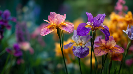 Fototapeta premium Colorful Iris Flowers in Blooming Garden