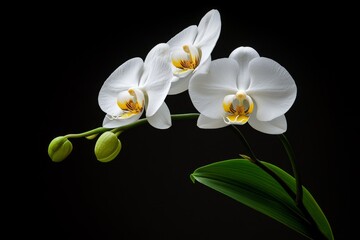 Fototapeta premium White orchid flowers isolated on a black background, with a clean, sharp focus, low contrast, soft shadows, and a photorealistic style, suitable for commercial photography