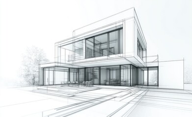 Modern House Architectural Sketch: Clean Lines, Glass Walls, Open Design