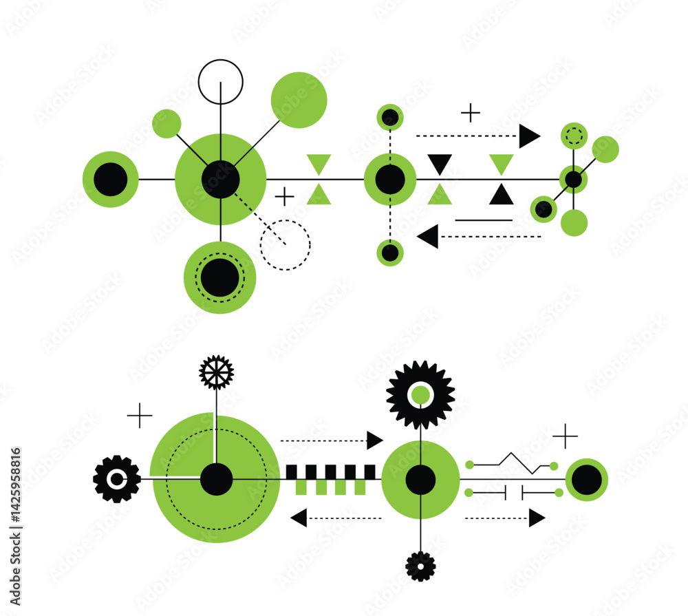 Poster set of abstract line art design patterns for graphics in green. graphic tech elements and resources 