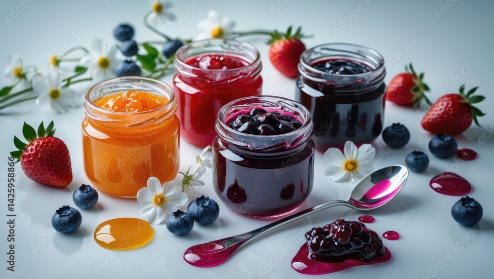 Poster assorted berry jams in a jar and on a spoon