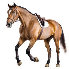 Obraz premium majestic brown horse with white blaze on its face stands gracefully, wearing saddle and bridle, ready for riding. Its muscular build and shiny coat reflect strength and elegance