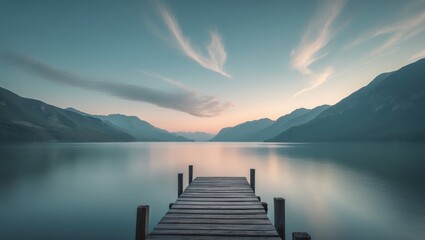 Naklejka premium Calm sunset over an untouched mountain lake with a wooden pier, capturing peaceful solitude, reflection, and the beauty of nature.