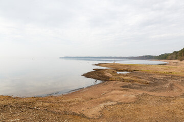 The seashore after low tide on a cloudy day.