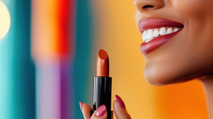 Close-up of a smiling woman holding a nude lipstick with painted nails, colorful blurred background, beauty makeup, cosmetic product, vibrant scene, attractive person