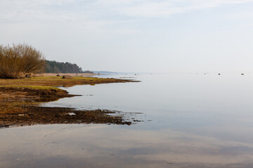 The seashore after low tide on a cloudy day.