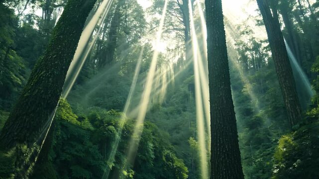 Sunlight filtering through lush forest canopy