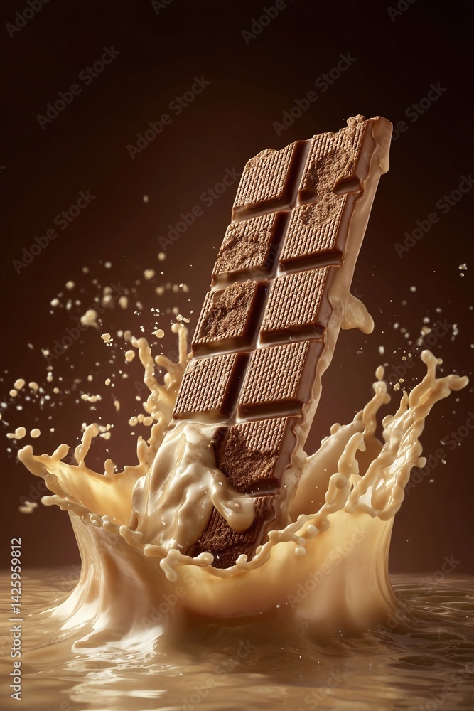Poster chocolate bar splashing into creamy liquid, creating dynamic motion and rich textures in the backgro