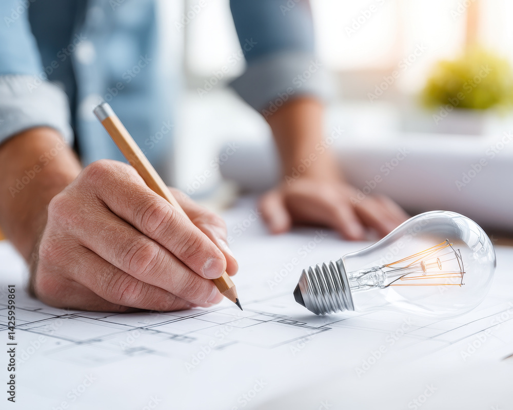 Poster creative brainstorming session with hands sketching ideas on paper, featuring light bulb symbolizing