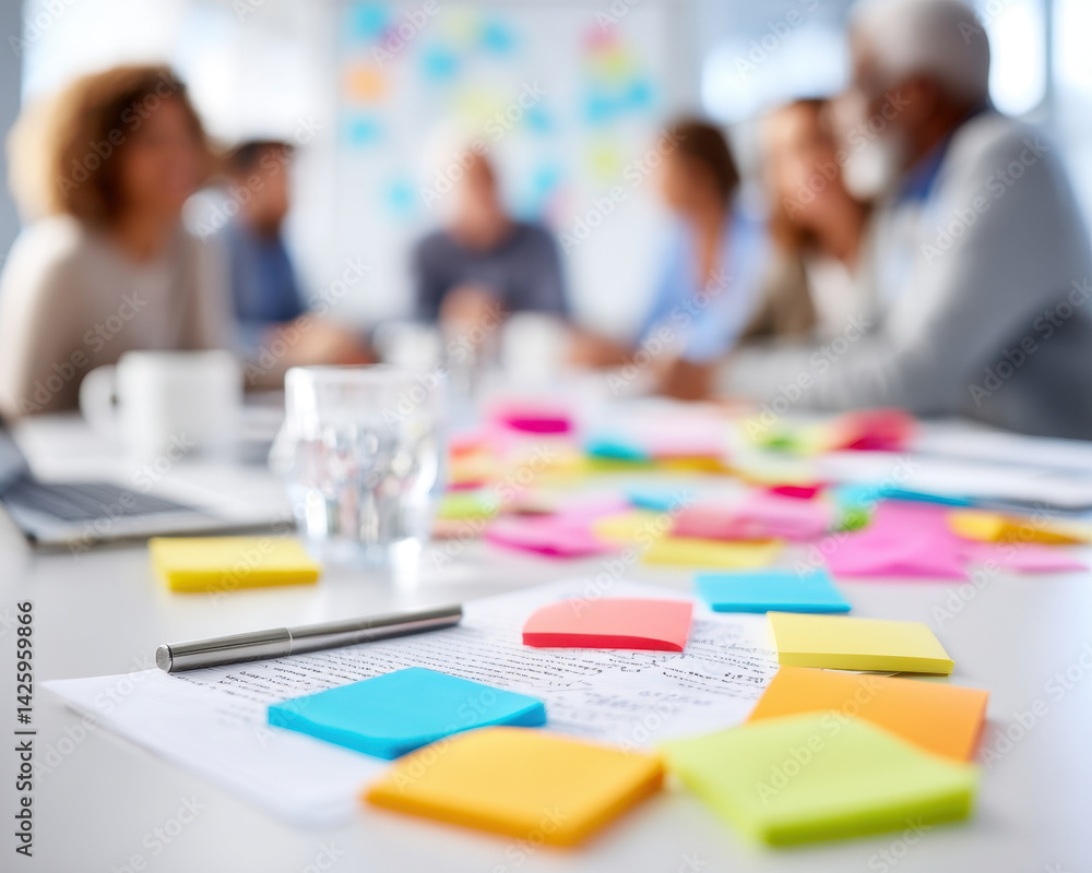 Aufkleber collaborative team meeting with colorful sticky notes and documents on table, showcasing creativity 