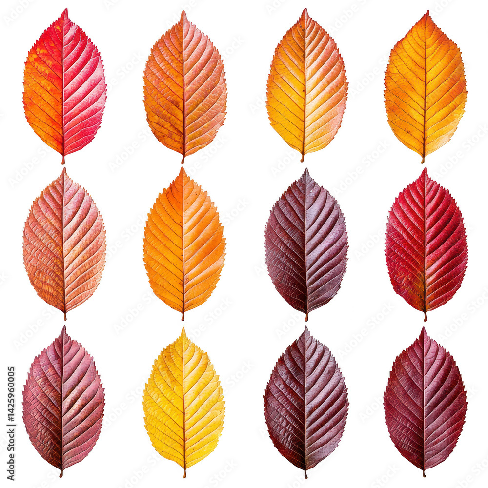 Poster vibrant display of autumn leaves showcases gradient of colors from red to yellow, arranged neat vert
