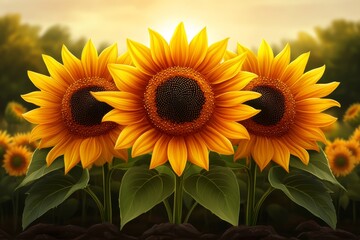 Obraz premium a 2D cartoon illustration of a field of sunflowers facing the sun, bright and cheerful, white background