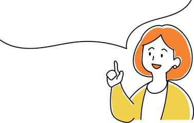 ひらめいて指をさす人　セリフ吹き出しとオフィスの女性のイラスト