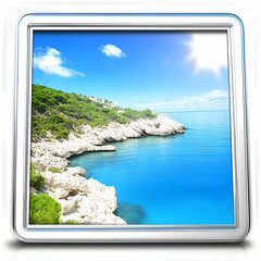 Sunny coastal landscape, turquoise waters, green cliffs, summer vacation