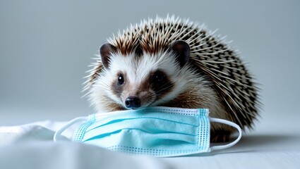 Adorable hedgehog wearing a medical mask against a white background